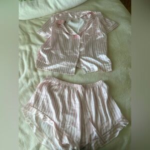 pink and white stripped satin pj set